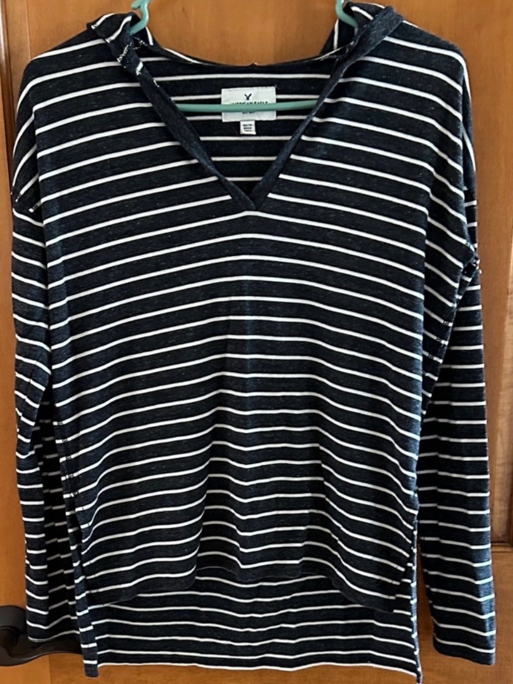 American Eagle Striped Hooded V-Neck Top Knit Sweater Charcoal Gray Women's XS
